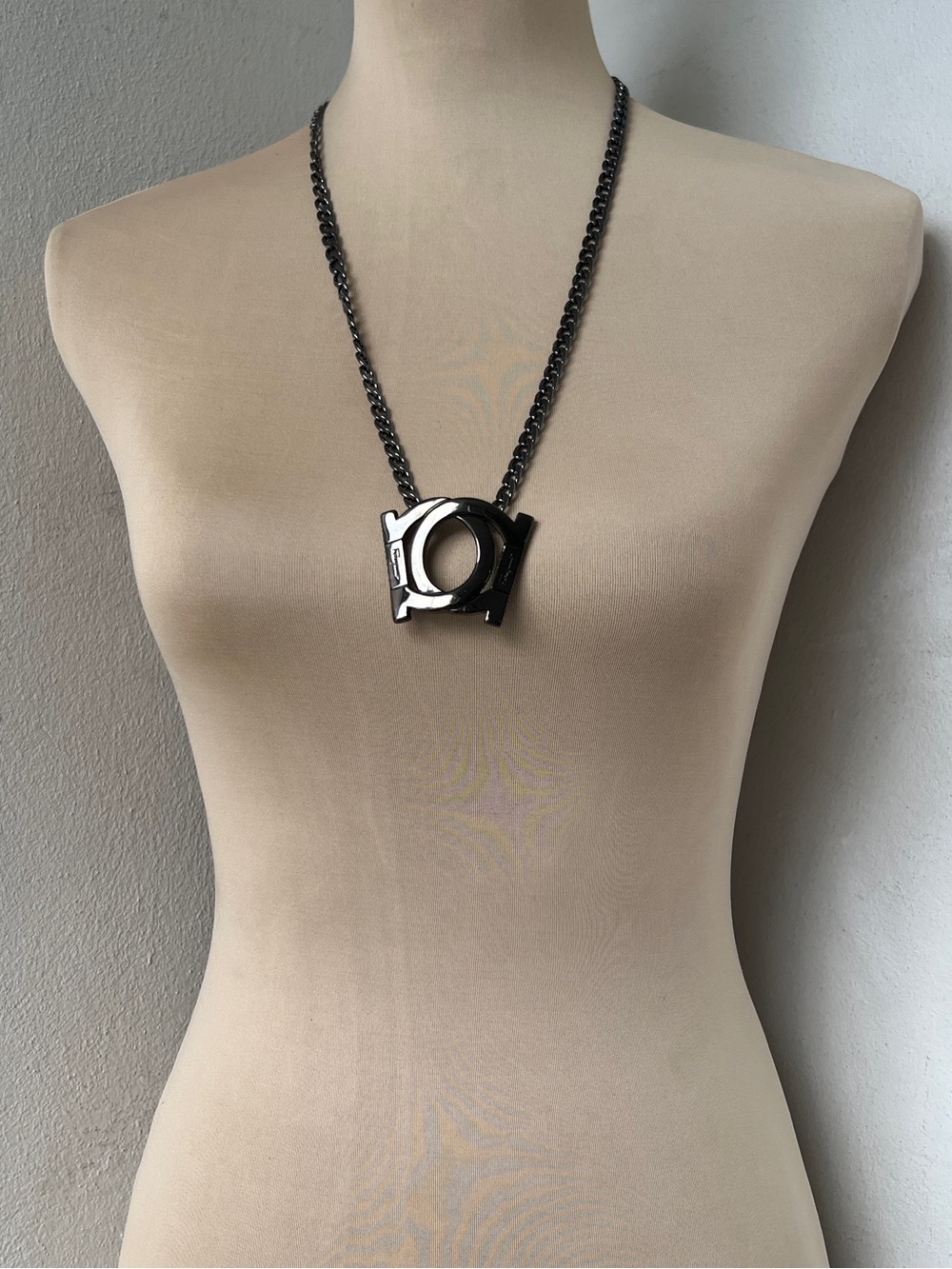 Custom Salvatore Ferragamo Gancini Gunmetal Statement Necklace 28”